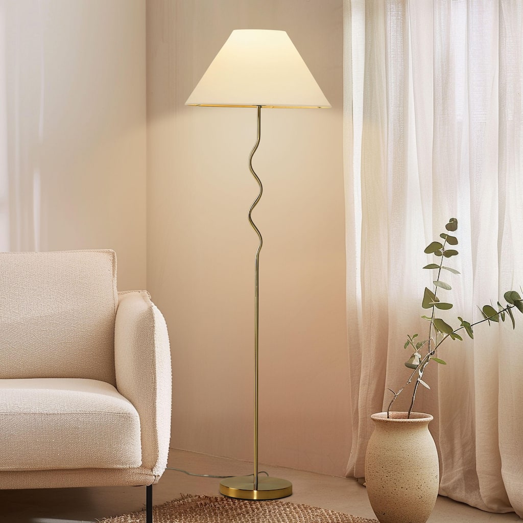 Brightech Squiggle Floor 62.13 in. Antiqued Brass Contemporary Ambient Standing Column Floor Lamp with Ivory Fabric Empire Shade
