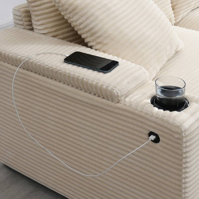 L Shaped Convertible Sectional Sofa w Armrest Storage, Cup Holders, USB