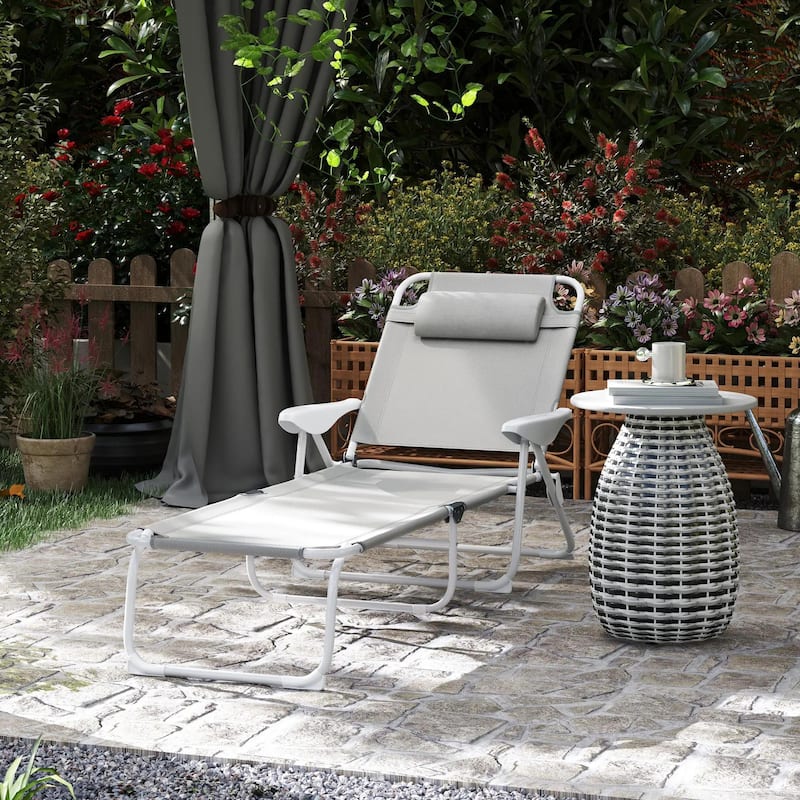 Folding Chaise with 4-Way Recline, Breathable Mesh, Removable Pillow - Light Grey
