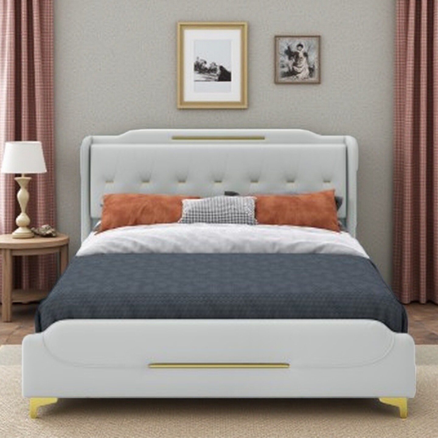 PU Leather Platform Bed with Gold Metal Accents, Wingback Headboard & Footboard, Solid Wood Slat Support, No Box Spring Needed