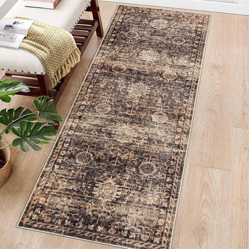 Vintage Boho Washbale Floor Cover Area Rug for Bedroom, Living Room, Brown - 1'6" x 2'6"