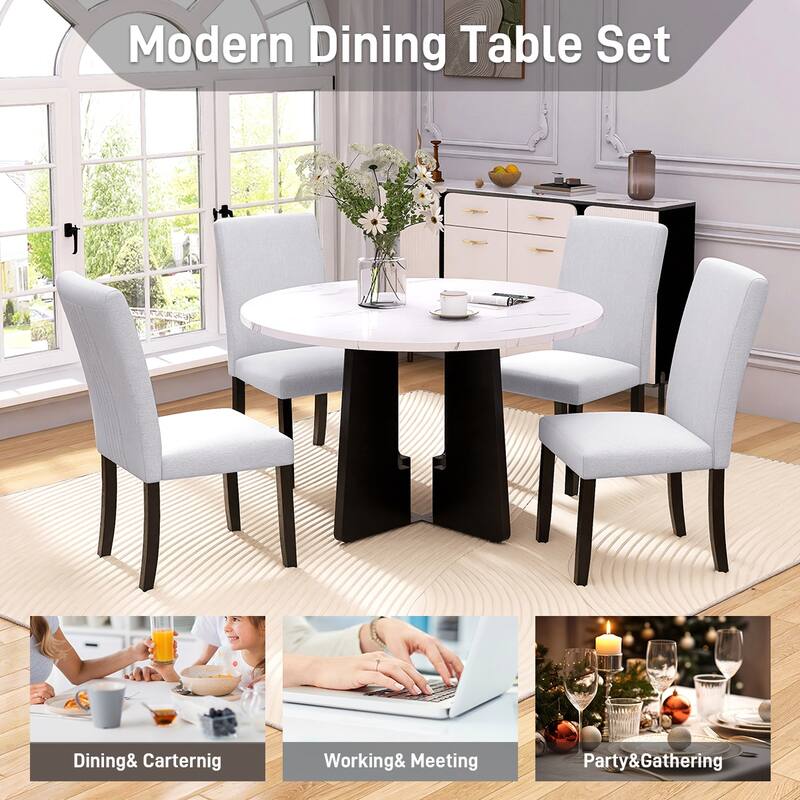 Modern 5-Piece Round Dining Set, 43-Inch Dining Table & 4 Upholstered Chairs, Farmhouse, Mid-Century Style for Dining Room