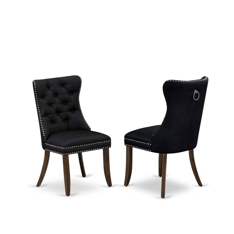 Parson Dining Chairs Set of 2 - Black Linen Upholstered Accent Chairs - Antique Walnut Legs