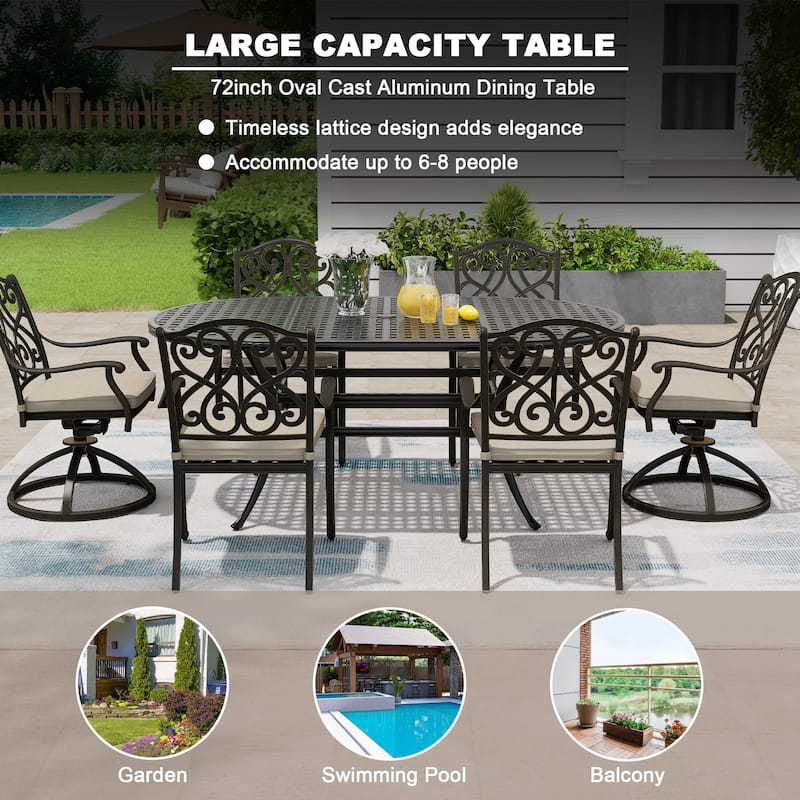 72" Outdoor Dining Table Cast Aluminum Classic Lattice Elliptical Shape Patio Table with Umbrella Hole