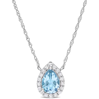 Miadora 10k White Gold Sky Blue Topaz and White Topaz Halo Teardrop Necklace