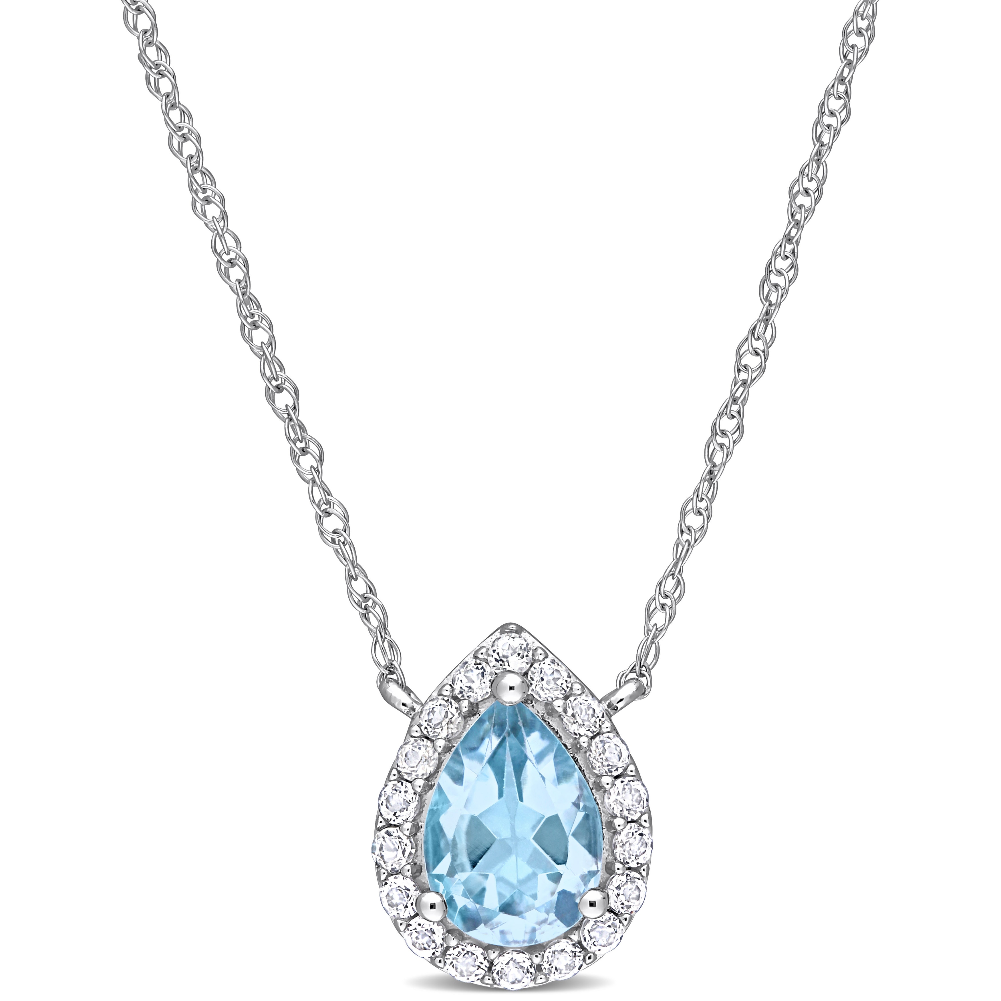 Miadora 10k White Gold Sky Blue Topaz and White Topaz Halo Teardrop Necklace