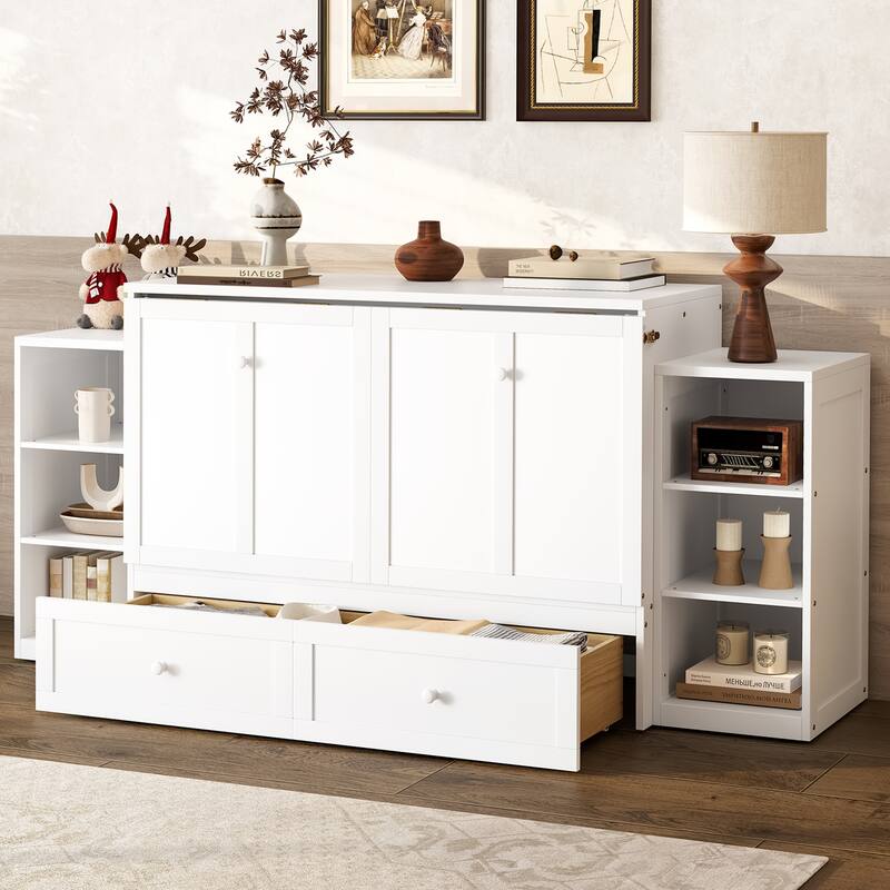 Full Size Murphy Wall Bed with Storage Drawers & Shelves, Space-Saving Design for Guest Room, Studio Apartment & Small Spaces