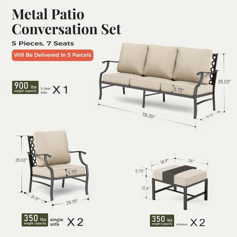 MAISON ARTS Patio Conversation Sets 5/7/9-Seat, Sofa Set with 2 Single Sofa Chairs, 3-Seater Sofa, Ottoman and Coffee Table