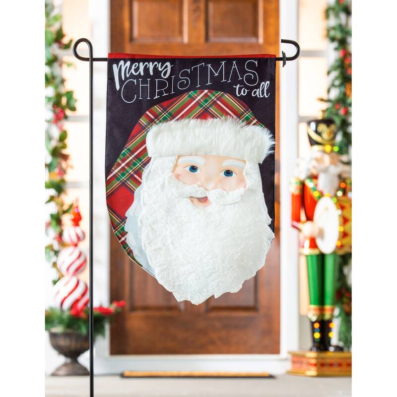 Merry Christmas Plaid Santa Garden Linen Flag