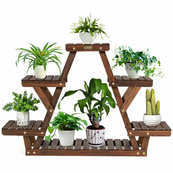 Gymax Wood Plant Stand Triangular Shelf 6 Pots Flower Shelf Storage - 32'' x 10'' x 30'' (L x W x H). Opens flyout.
