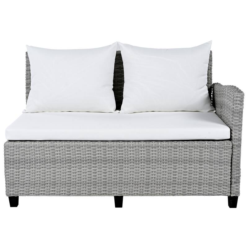 Roomfitters 5-Piece Outdoor Rattan Sofa Set, Patio Sectional Furniture with Dining Table, Storage Bench, Side Trays