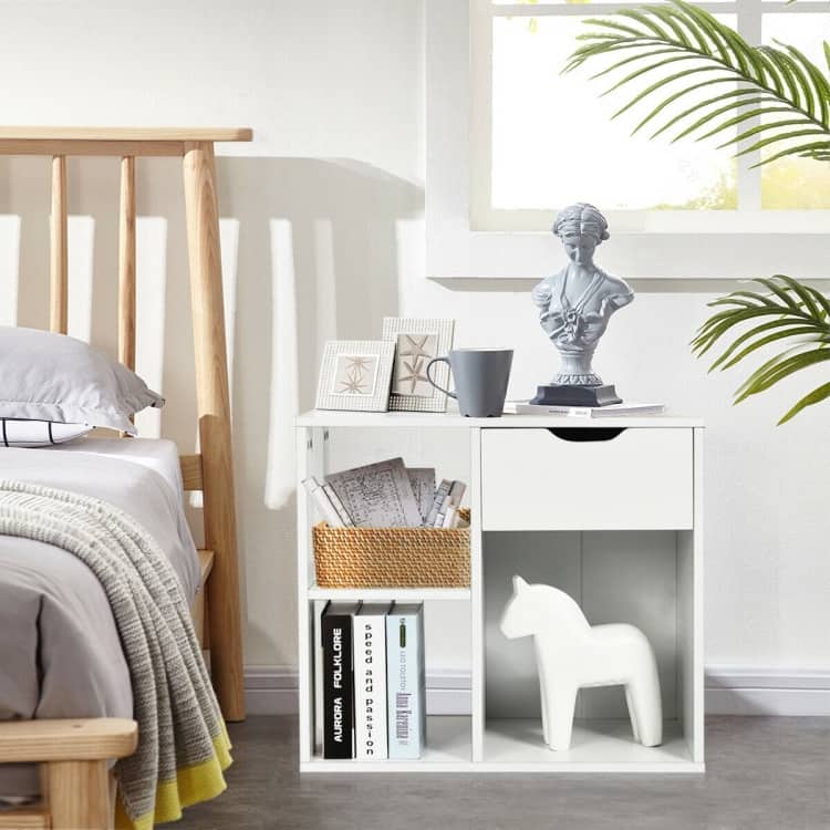 2-Tier Wooden Bookcase with Pull-out Drawer for Bedroom or Living Room