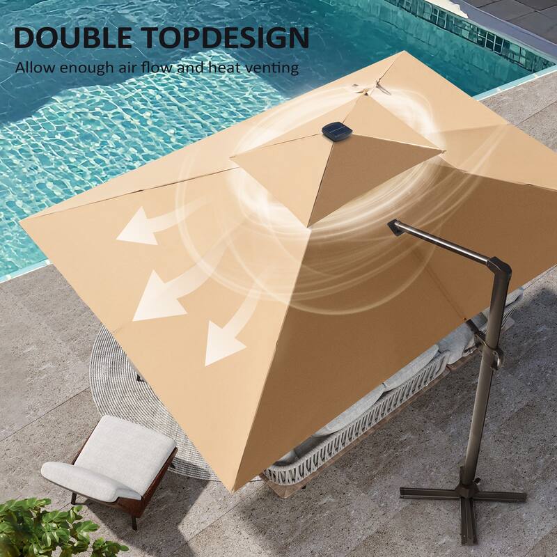 9 X 11 FT Outdoor Patio Cantilever Umbrella with Solar Lights Double Canopy 360 Rotation Tilt