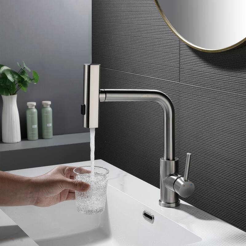 Modern 360 Degree Swivel Single Handle Bathroom Faucet with Pull Out Sprayer 3-Function Mode