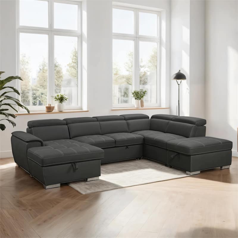 128" 7 Seater U-Shaped Sectional Couch with Ottomans, Storage Seat - Grey