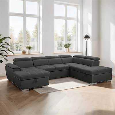 128" 7 Seater U-Shaped Sectional Couch with Ottomans, Storage Seat