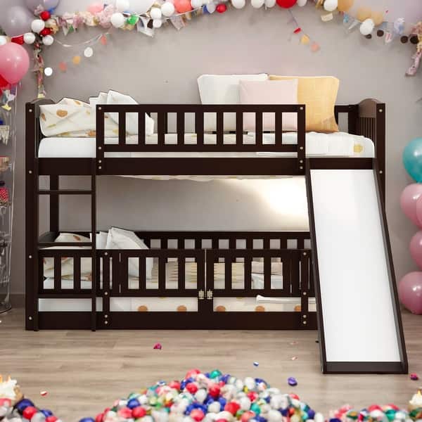 slide 2 of 13, Modren Twin Over Twin Versatile Low Bunk Bed With Slide,Fence and Ladder For Toddler Kids Teens Espresso
