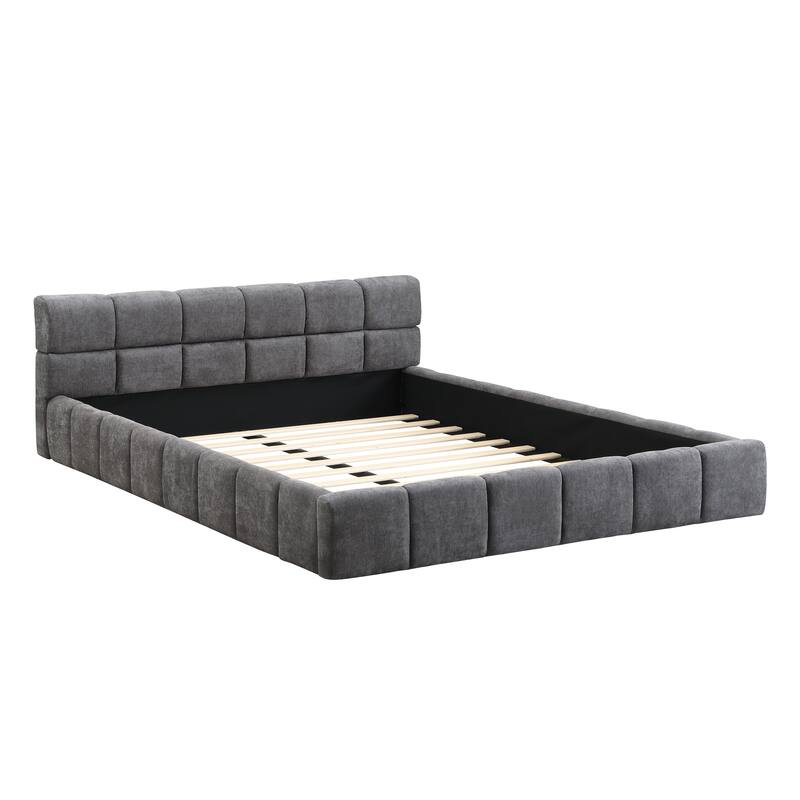 Upholstered Platform Bed Frame Chenille Fabric Bed with Checkerboard Design Thick Headboard, Low Profile Beds for Bedroom, Gray