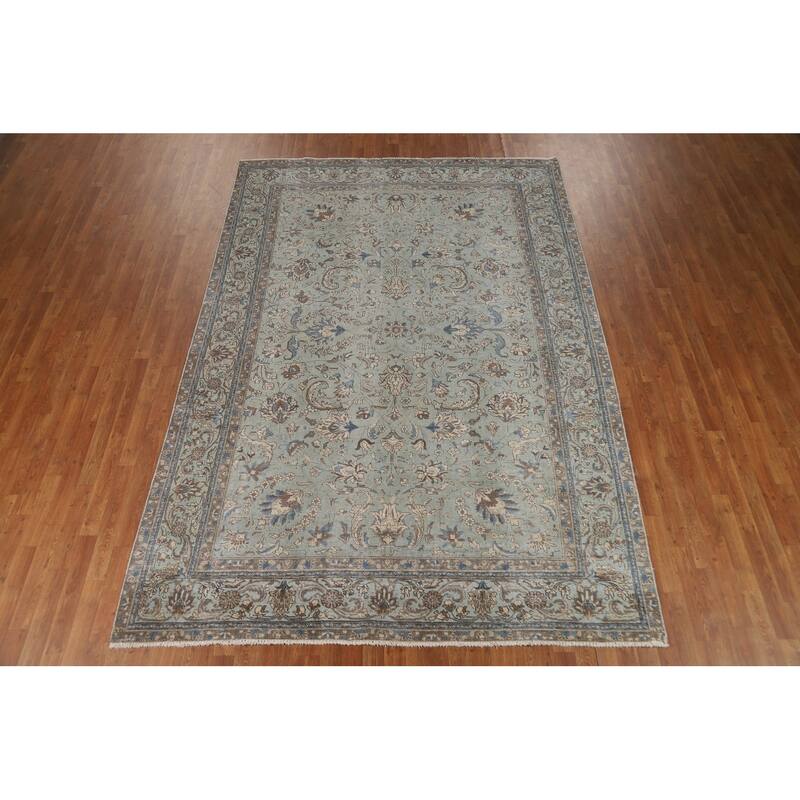 Blue Tabriz Persian Rug Hand-Knotted Distressed Floral Wool Carpet - 7'4"x 10'8"