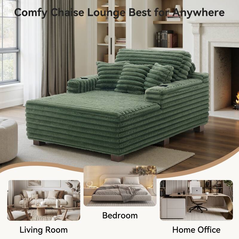 53"W Oversized Plush Fur-Like Chaise Lounge Sofa with Cup Holder