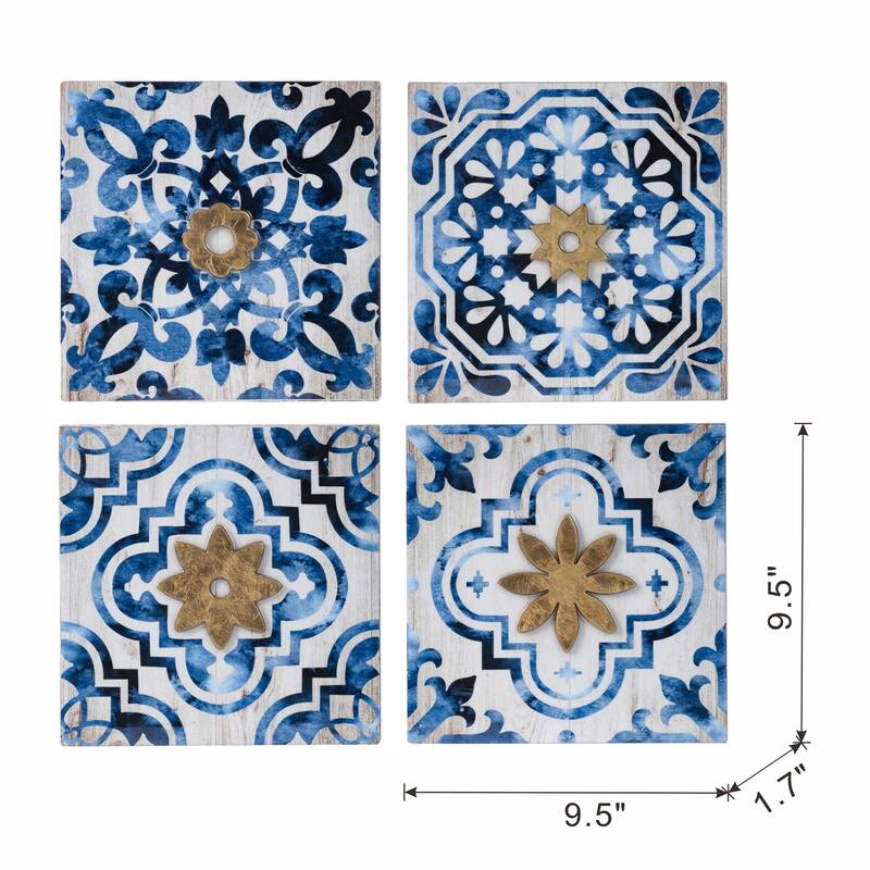 9.5 x 9.5 inch S/4 Abstract Wall Decor Accents in Blue, White and Gold - White+Blue