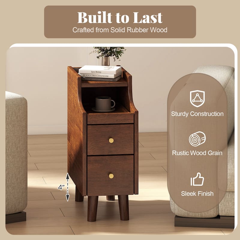 20" Tall Slim Brown Wooden Beside End Table with Tray and Drawers Cable Hole for Bedroom or Living Room - 16" x 8" x 20"