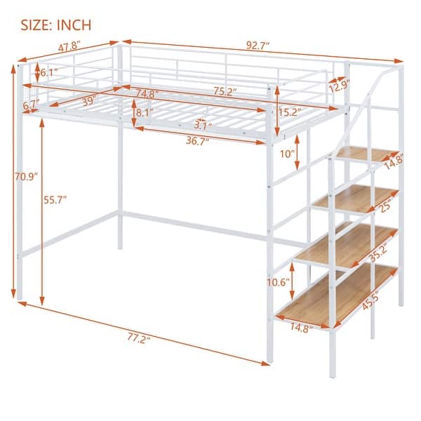 dimension image slide 3 of 4, Metal Loft Bed with Grid Storage Guardrail and Storage Ladder