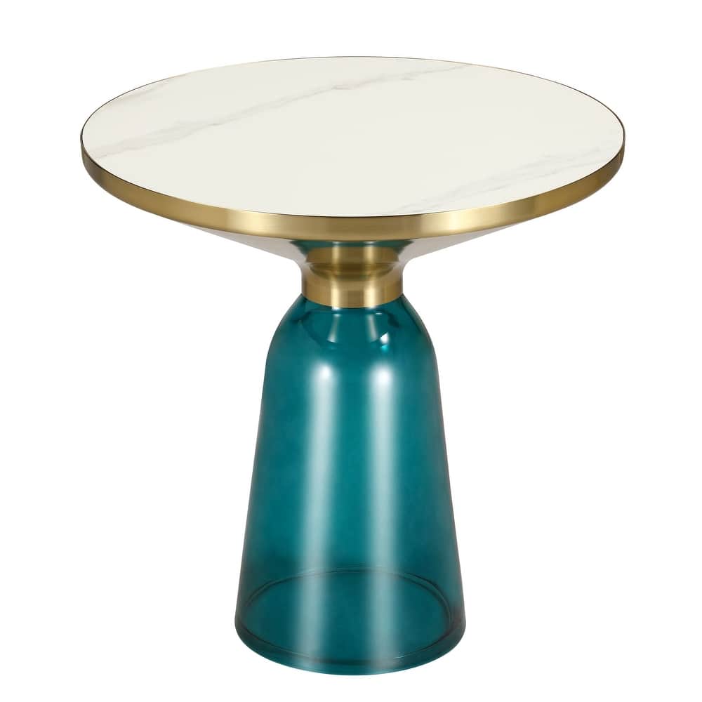 Tully Modern Round Glass/Stone Tabletop Side End Table with Gold Iron Rim and Tinted Glass Base Fully Assembed