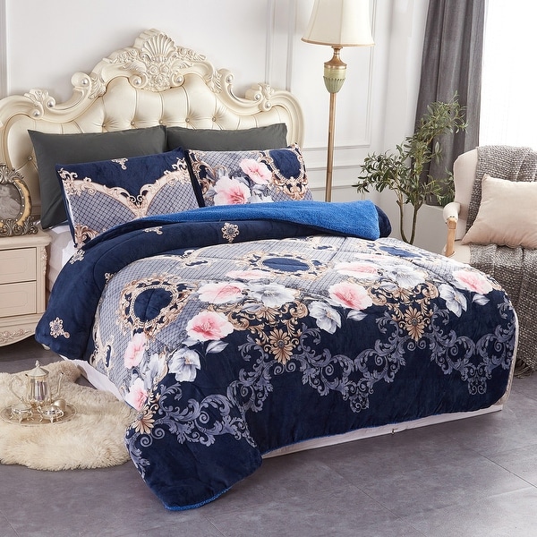 3 Piece Floral Printed Sherpa Backing Reversible Comforter Set