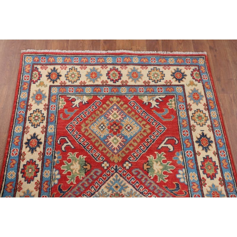 Geometric Orange Kazak Accent Rug Hand-Knotted Wool Carpet - 3'0" x 4'11"