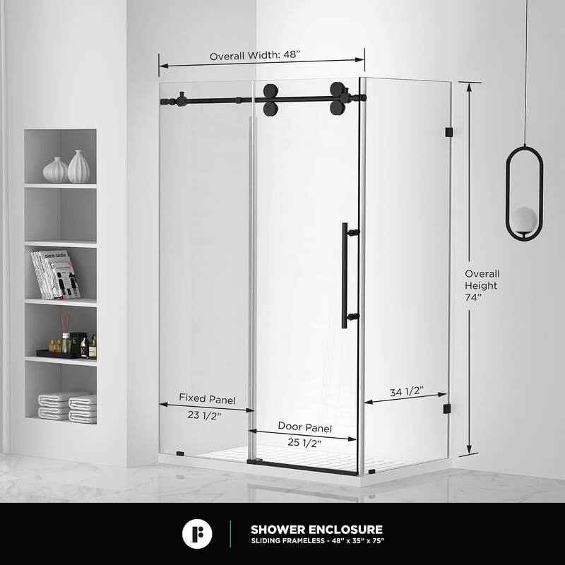 Fine Fixtures Frameless Shower Enclosure Sliding Shower Glass Door - Tempered Glass