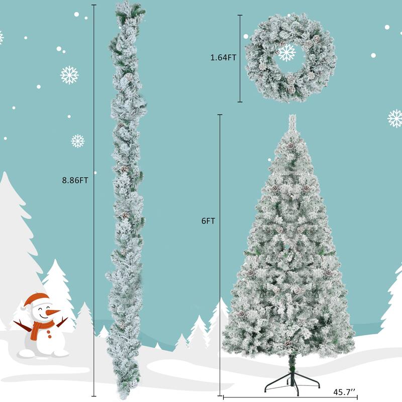 6FT Pre-Lit Christmas Tree with Garland & Wreath Set, LED Multi-Color & Warm Lights, Green and White Tips