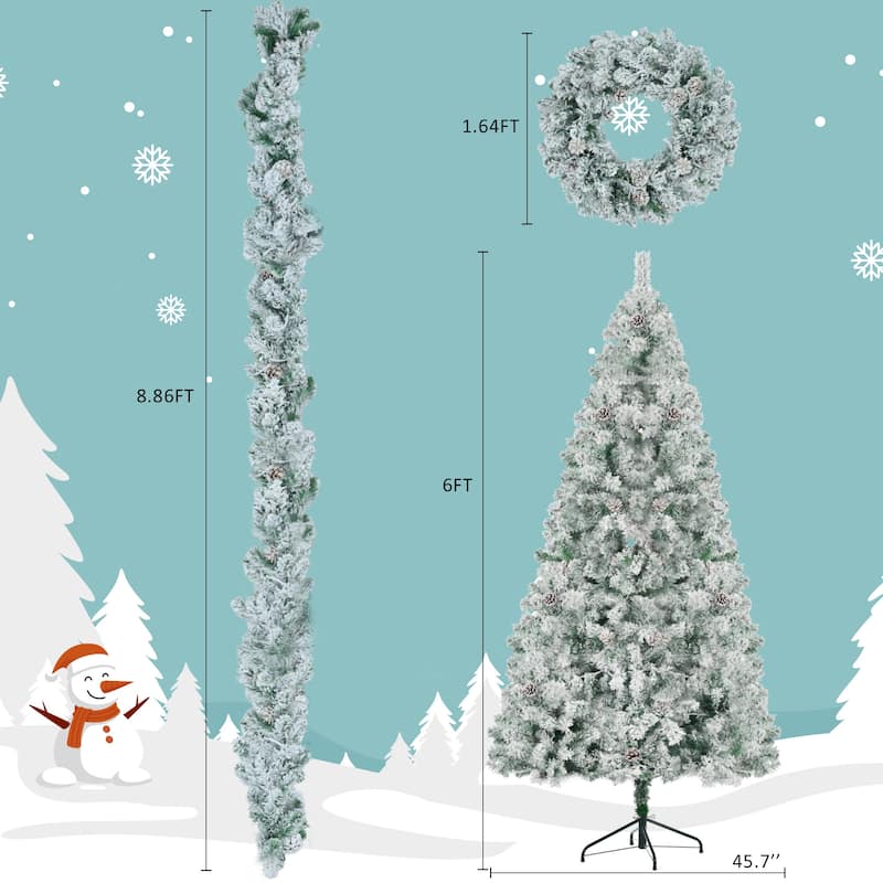 Pre-Lit Snow Flocked Tree Set - Tree + Garland + Wreath, Colorful LED Lights, Pine Cones - White+Green