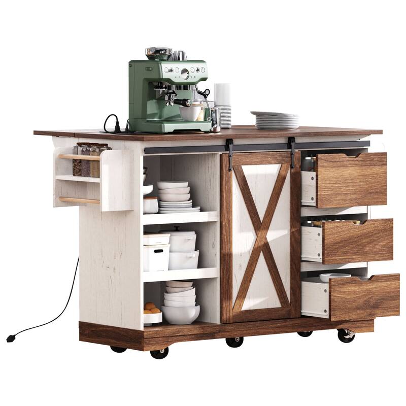 55.5" Farmhouse Kitchen Island with Drop Leaf, Kitchen Storage Island with Barn Door, Power Outlet, Rolling Kitchen Cart