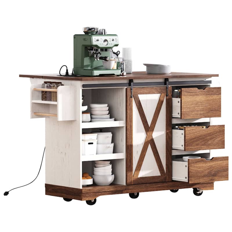 Drop Leaf Dining Table, Rolling Kitchen Island with Sliding Barn Door, Kitchen Cabinet with Built-In Charging Station