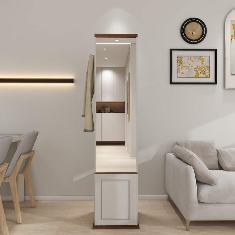 360°Rotating Storage Cabinet with Full-Length Mirror,total of 8 open shelves on both sides,One Side Hooks,1 Door with a Shelve
