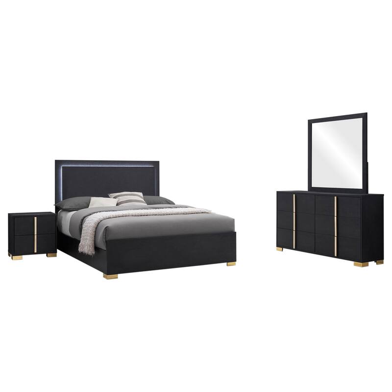 Dex 4pc Queen Bedroom Set with Modern LED Headboard, Mirror, Black
