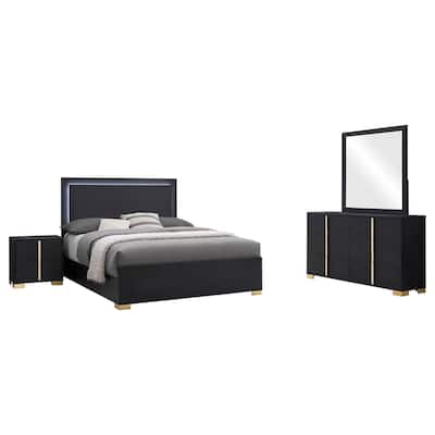 Dex 4pc Queen Bedroom Set with Modern LED Headboard, Mirror, Black