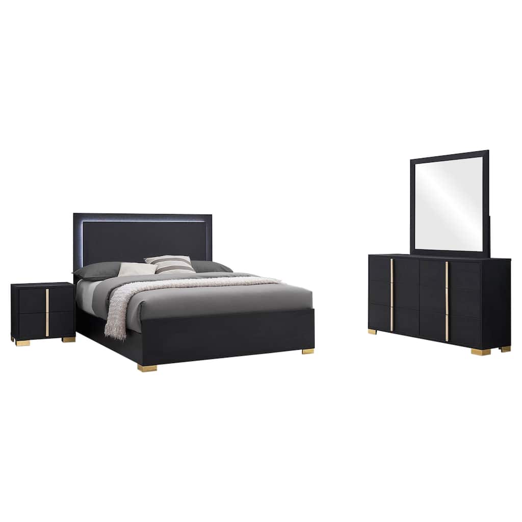 Dex 4pc Queen Bedroom Set with Modern LED Headboard, Mirror, Black
