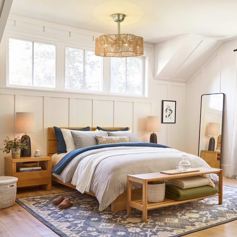 6-Light 19.6" Farmhouse Boho Gold and Brown 7-Blade Geometric Drum Ceiling Fan Lighting with Remote Included