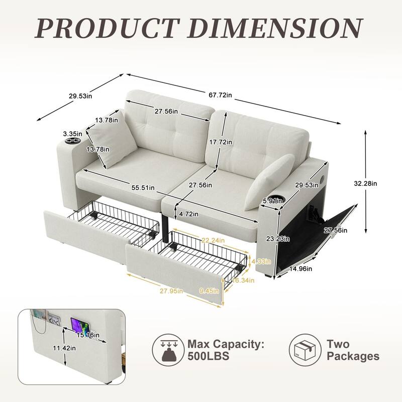 67.76" Chenille 3-Seater Sofa with USB Ports and Storage