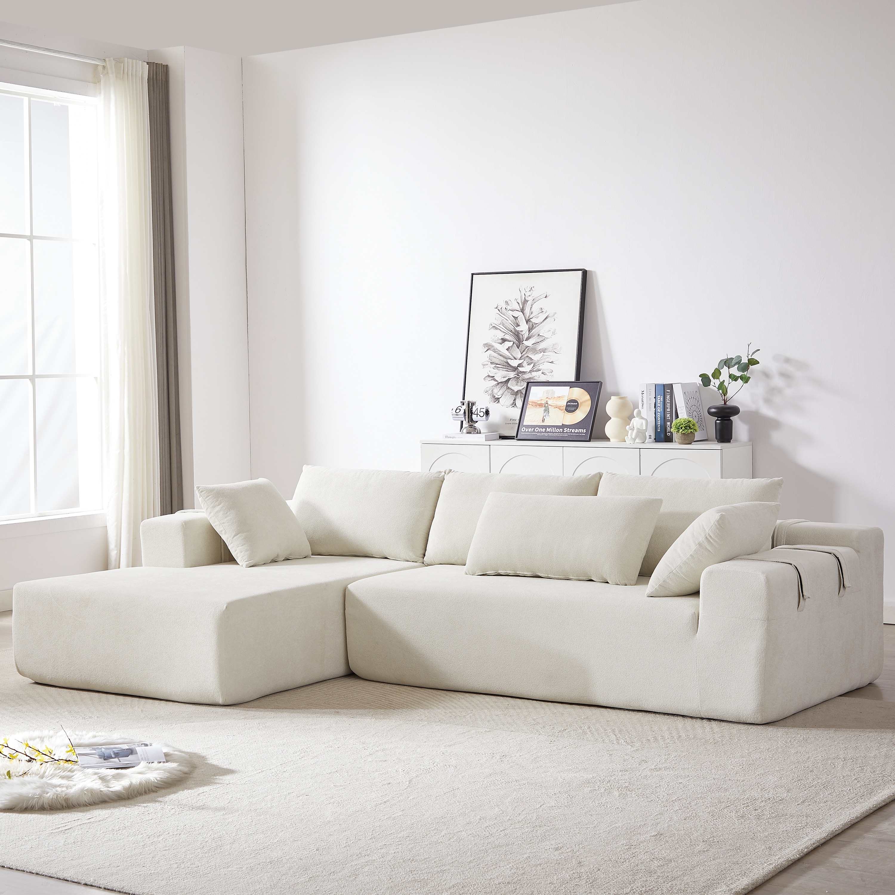 Anmytek Modular 108 L-Shaped Chenille Upholstered Sectional Sofa Left Chaise Modern with 6 Pillows