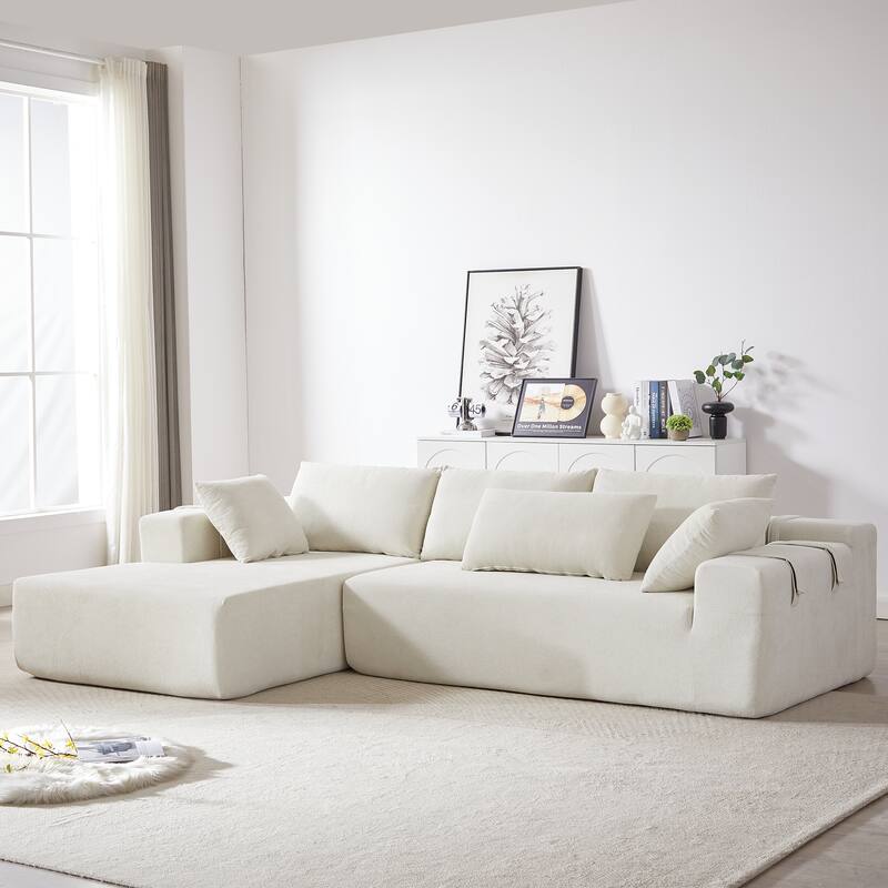 Corduroy Fabric 3-Seater Cloud Couch with 2 Movable Footrest,U Shaped Couch Set,Upholstered Deep Seat 2-Seat with 3 cushions - Beige