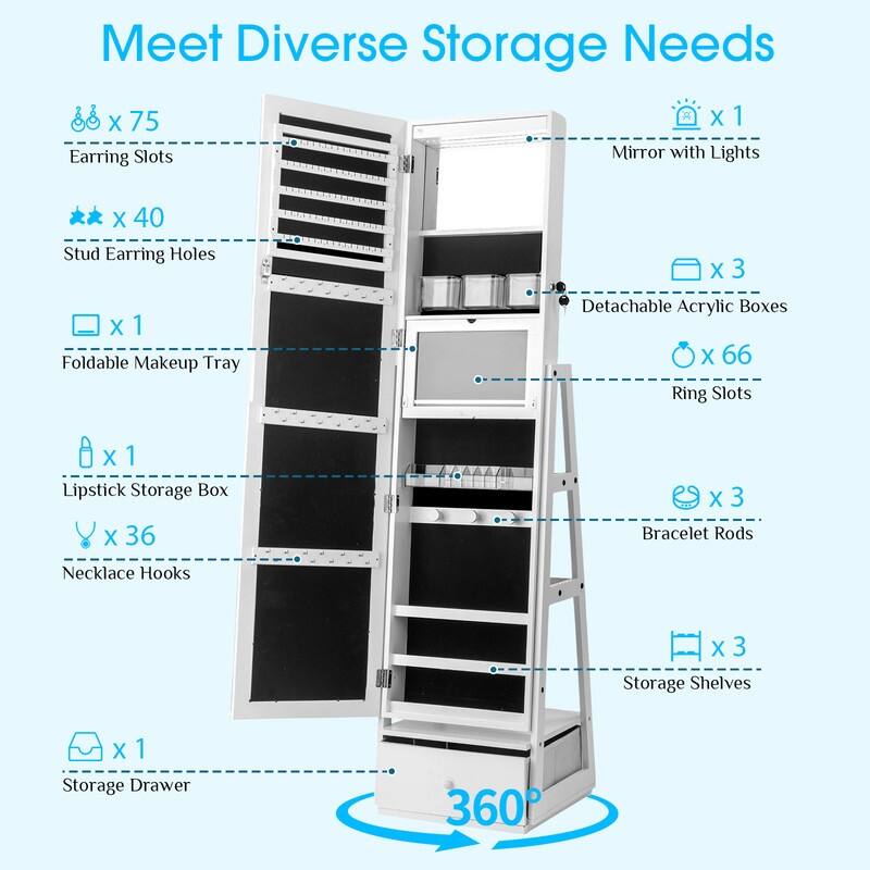 White Mirror Cabinet with 1 Door 1 Fabric Drawer 3 Shelves