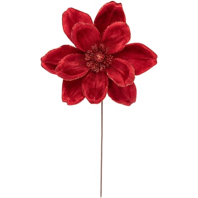 20" Glittered Red Velvet Magnolia Christmas Stem Spray