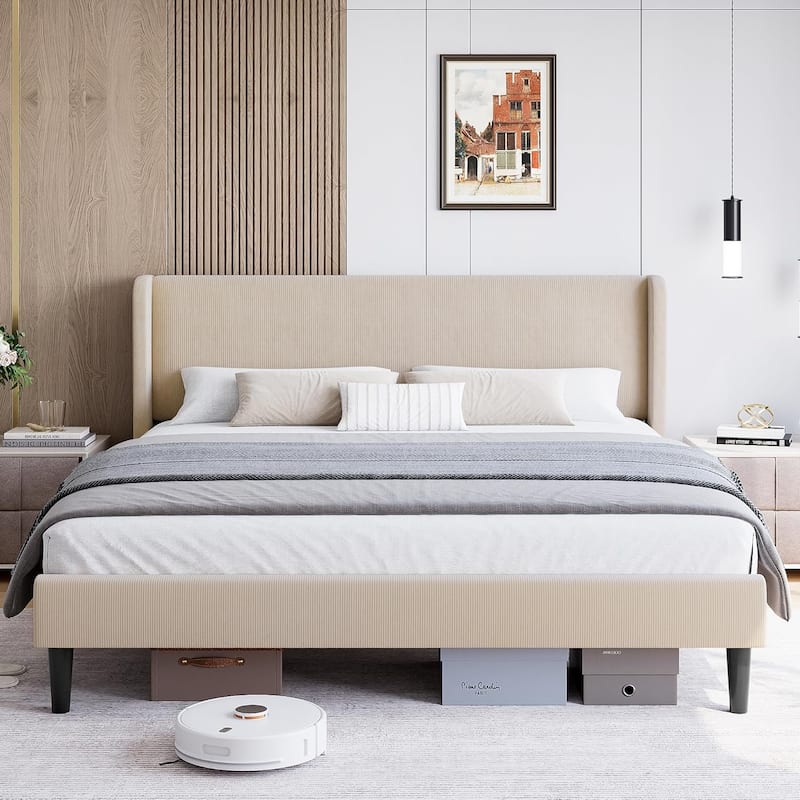 Wooden Bed Frame with Upholstered Headboard - Queen - Beige