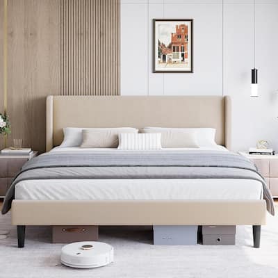 Wooden Bed Frame with Upholstered Headboard