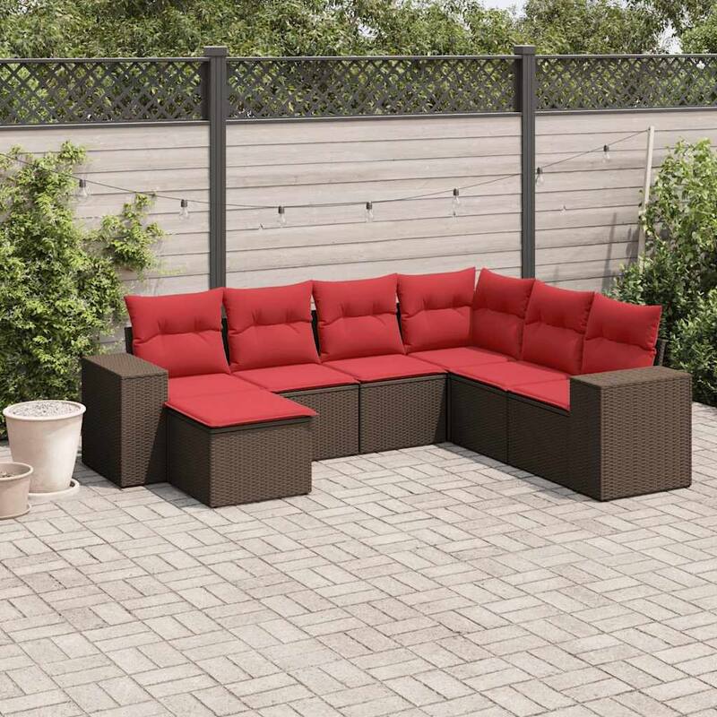 vidaXL 7/8 Piece Patio Sofa Set with Cushions Black/Brown/Gray Poly Rattan - 24.4 x 24.4 x 27.2