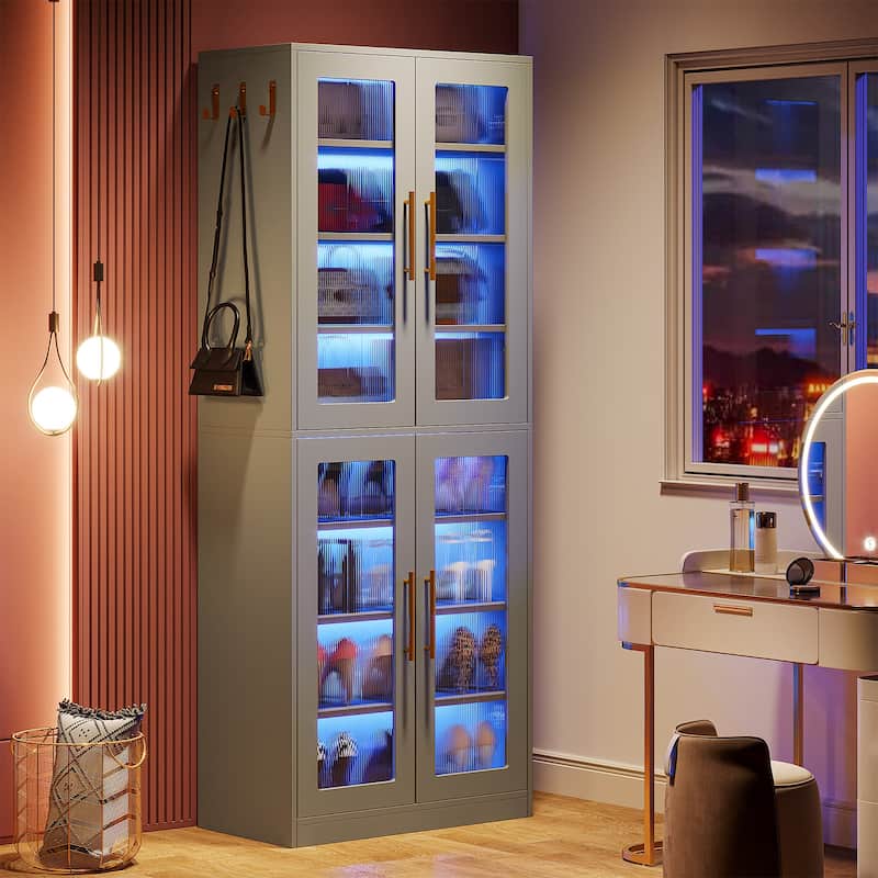 Modern Tall Entryway Shoe Storage Cabinet with Acrylic Doors and LED Light - 8-Tier