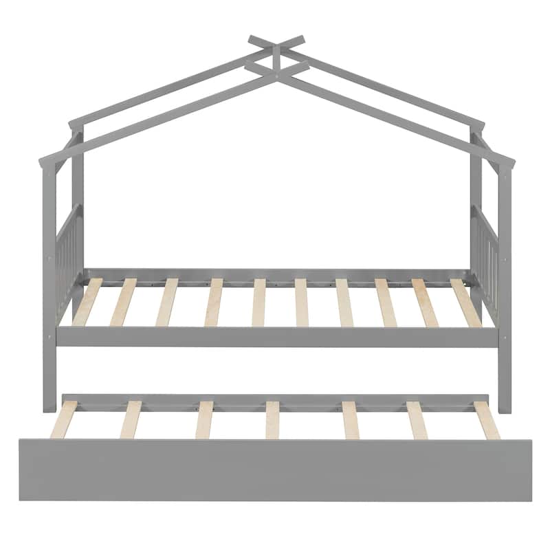 Creativity House Bed Twin/ Full Size Frame with Trundle for Boys Girls, Wood Platform Bed with Roof No Box Spring Needed